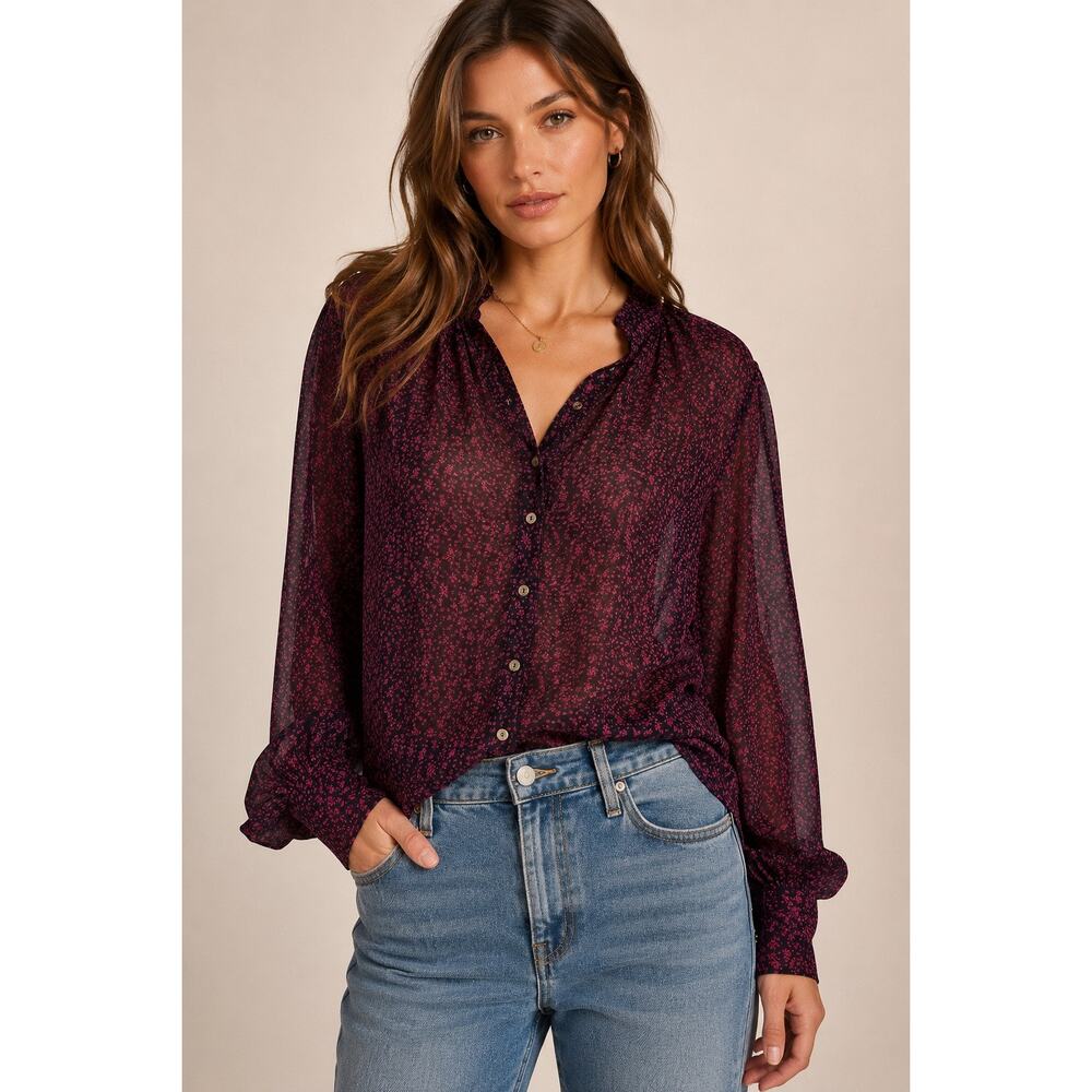Cleobella Sheer Floral Blouse Small Boho Semi Sheer Button Front Top